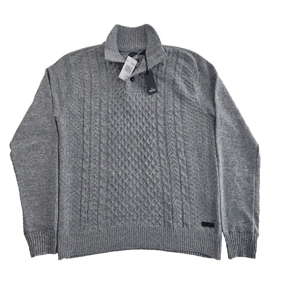 Buffalo David Bitton Sweater Men's Size XL Gray Button Mock Neck Henley Knit‎